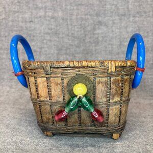 VTG Wicker Chinese Small Basket With Coin Beads & Rings Blue Red Yellow Gold